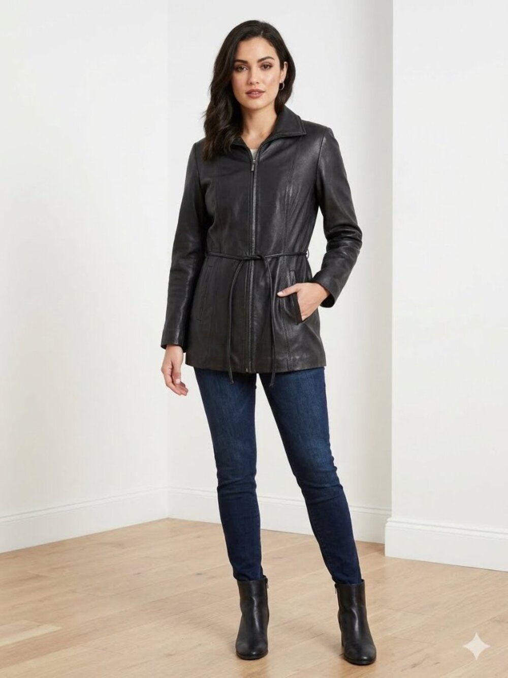 JLC New York Black Leather Jacket Size M Mid Length Belted Full Zip Coat